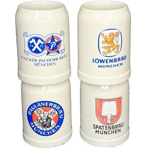 German Beer Mugs Steins Set (4) Stoneware .5 L Hacker Spaten Lowenbrau Paulanger